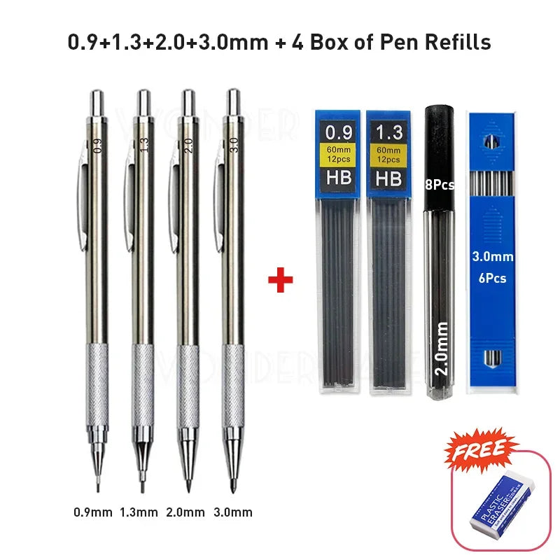 0.3 0.5 0.7 0.9 1.3 2.0 3.0mm Full Metal Mechanical Pencil Sketch Art Drawing Painting Propelling Pencil Office School Supply