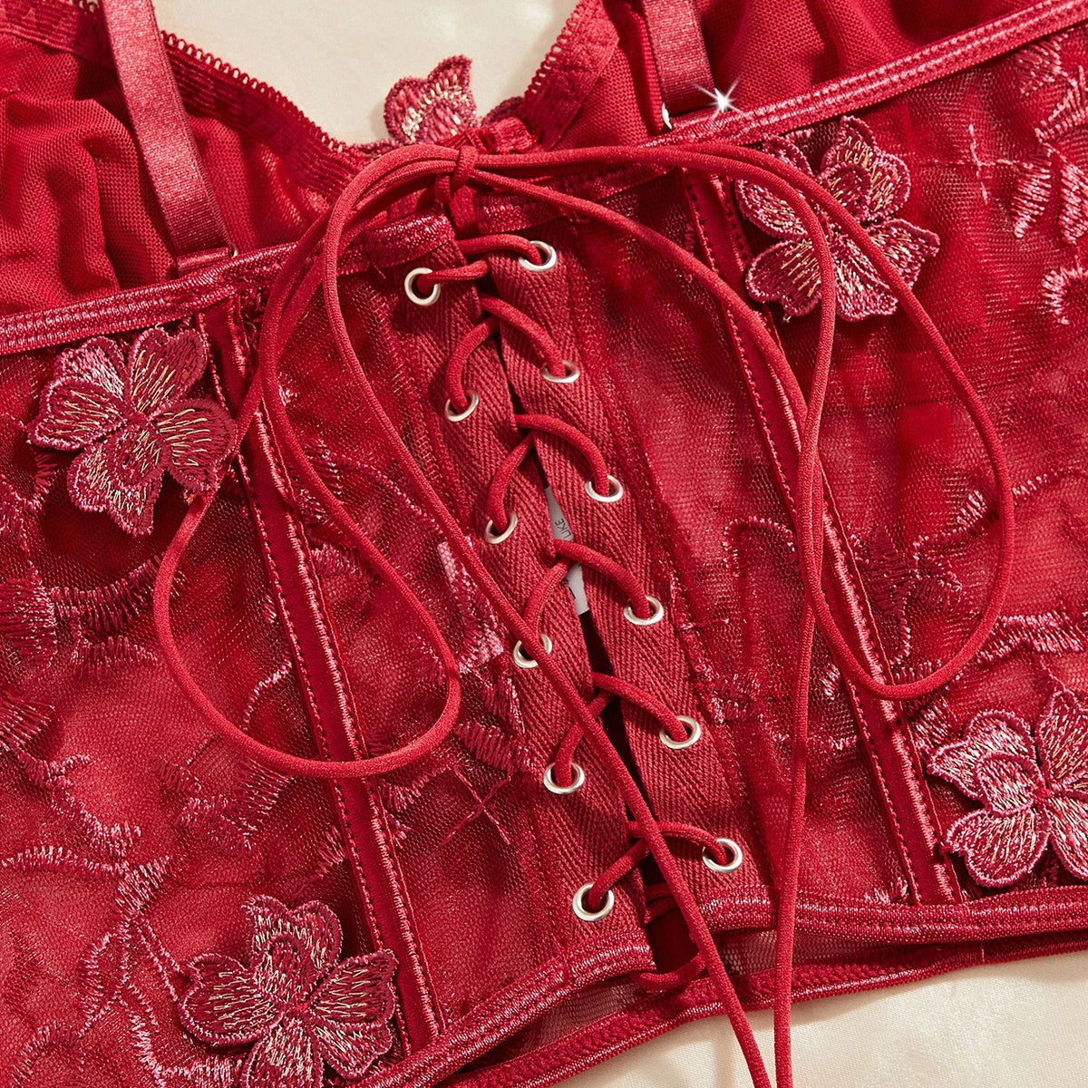 Women's Lingerie Set Lace Floral Naughty Babydoll Push up Bra Thong and Garters 3 Pcs Set