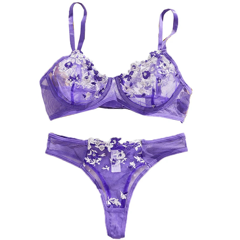 Embroidery Women's Transparent Mesh Underwear Two-piece Bra And Panties Sets