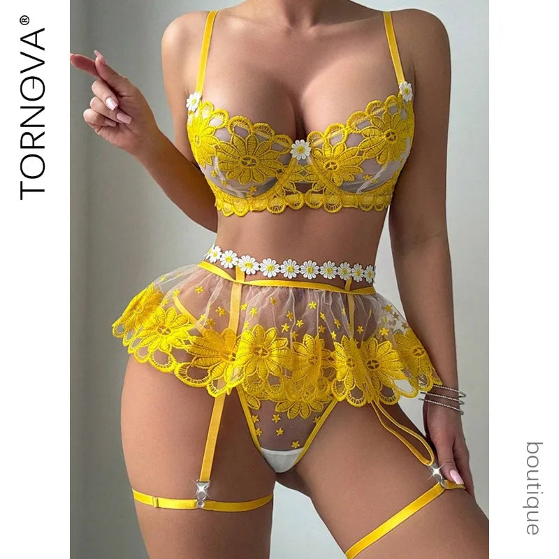 Tornova Sexy Lingerie Embroidery Floral Lace Hollow Out Patchwork Skinny Gather Together Plunge Meshcute Seductive Underwear Set