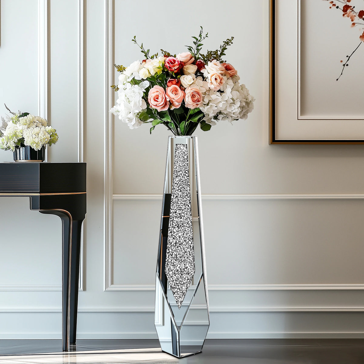 Tall Crushed-Diamond Mirrored Vase