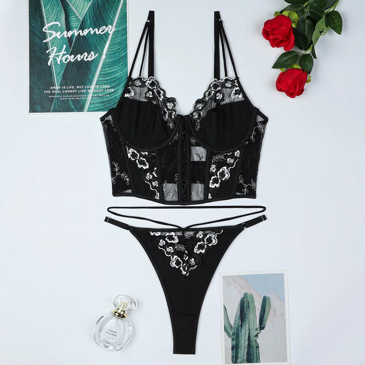 Sexy Flower Embroidery Erotic Set Women Lace See Through Lingerie Bra Thong Set Pornos Suit Underwear Sexy Costumes