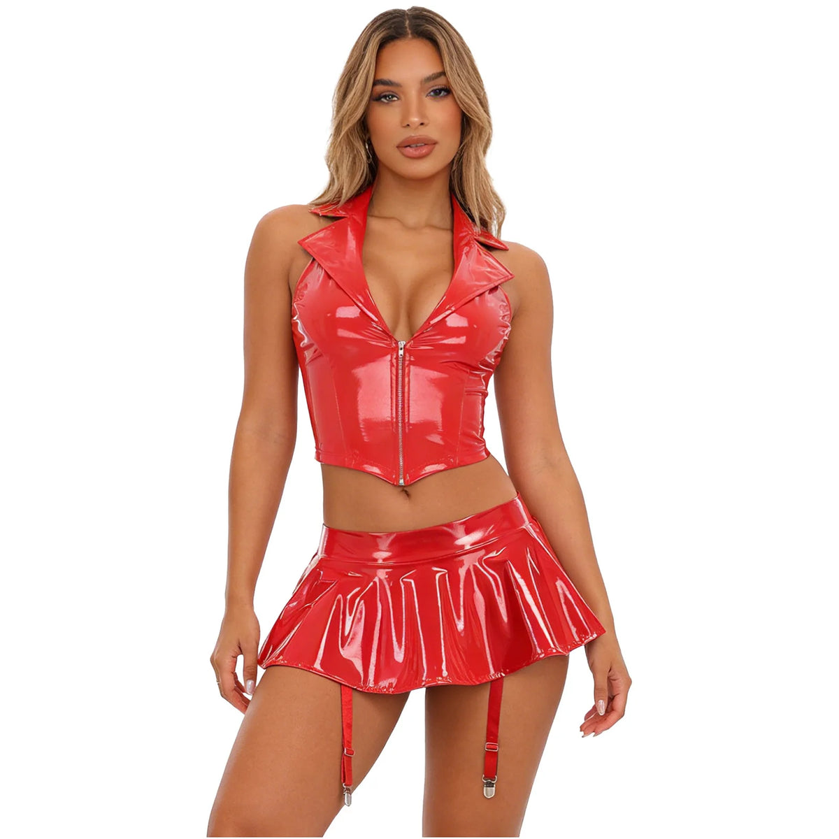 Women's Patent Leather Ruffle Crop Top And Miniskirt Set with Cutout Built-in Thongs And Garter Belt Disco Party Lingerie Outfit