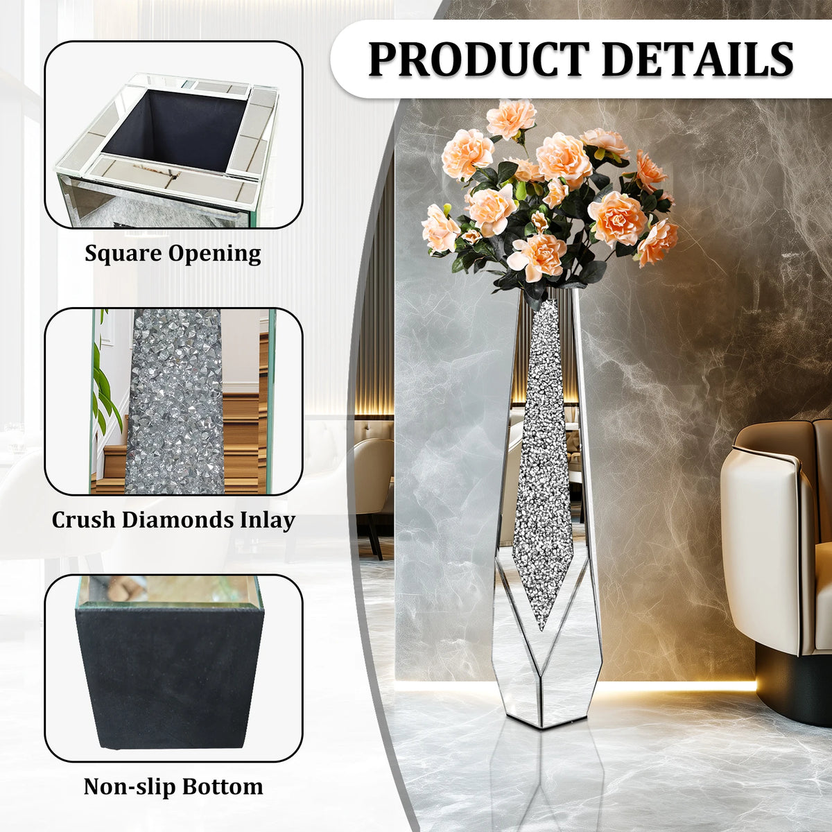 Tall Crushed-Diamond Mirrored Vase