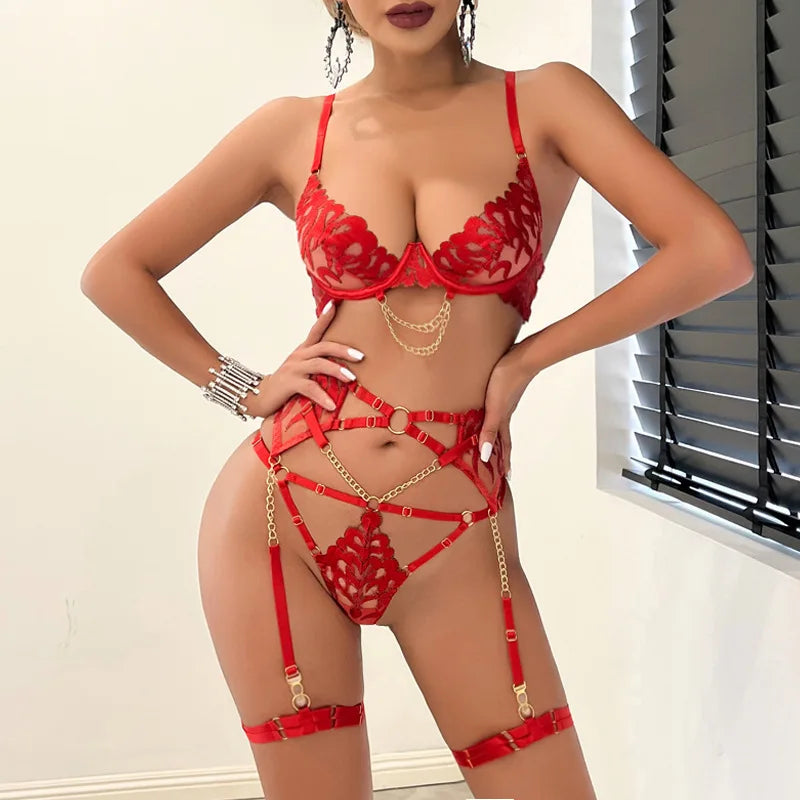 Hot Women's Lingerie Sets Charming Bra Belt Thong 3PC with Leg Circles Fantasy Deep V-neck Elegant Women Intimate Underwear Set