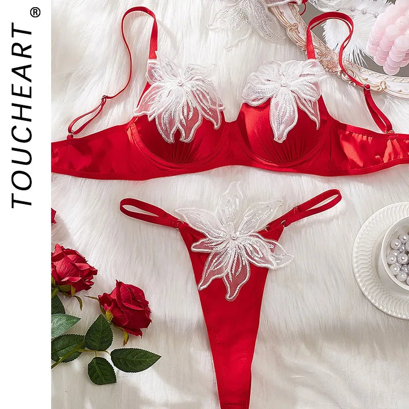 Toucheart Erotic Lingerie Mesh Patchwork Sweet Embroidered See-through Delicate Women Cute Elegant Intimate Intimate Hot Bra Set