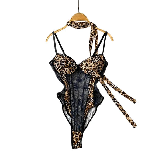Leopard-Print V-Neck Lace Bodysuit