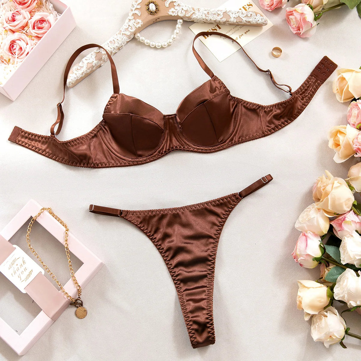 Satin Underwired Bra and Thong Set