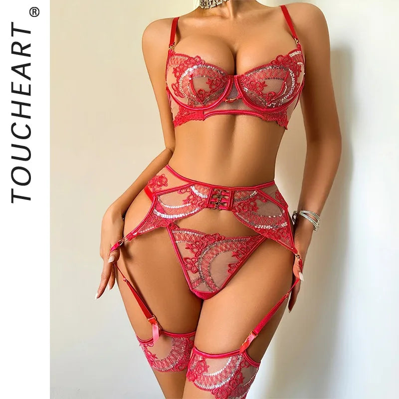Toucheart Erotic Lingerie High Quality New Sequined Embroidery See-through Mesh Body Shaping Women Sexy Hot Underwear Split Set