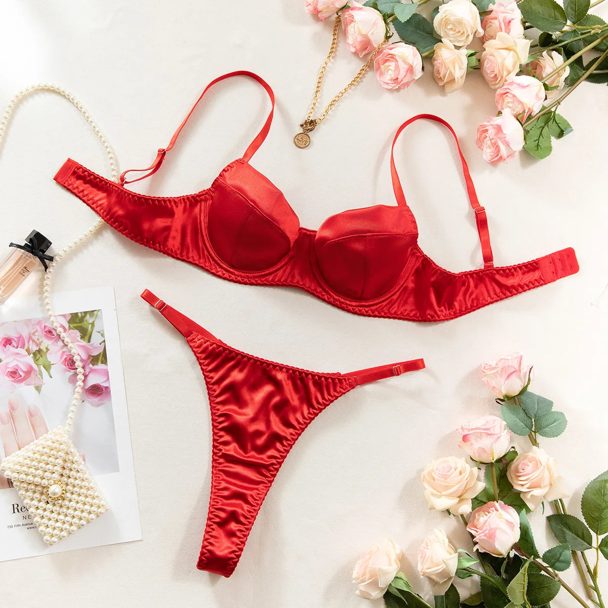 Satin Underwired Bra and Thong Set
