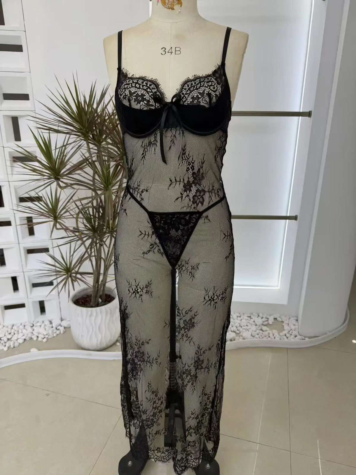Women Lace See Through Lingerie Erotic Set Long Mesh Dress With Thong Transparent Underwear Sexy Nightwear Honeymoon Sleepwear