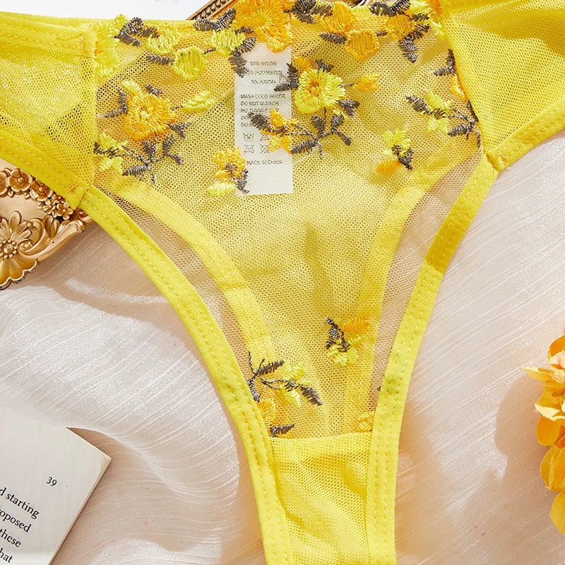 Embroidery Women's Transparent Mesh Underwear Two-piece Bra And Panties Sets