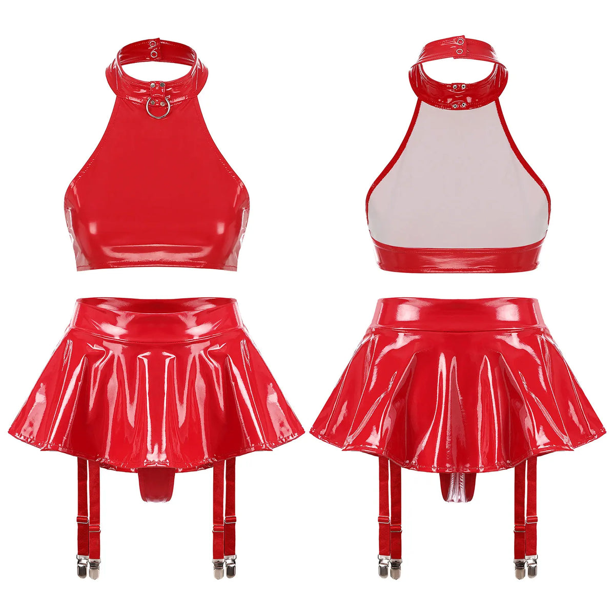 Women's Patent Leather Ruffle Crop Top And Miniskirt Set with Cutout Built-in Thongs And Garter Belt Disco Party Lingerie Outfit