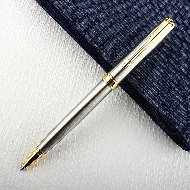 Luxury Metal Ballpoint Pen Stainless Steel Golden Trim Gift Writing Stationery Office School Supplies