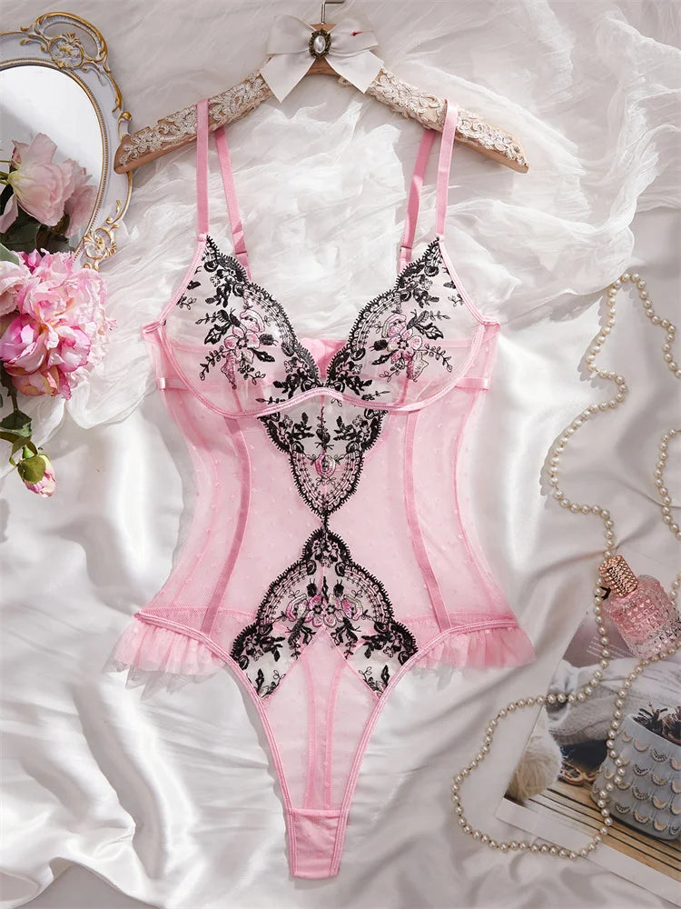 Women's Lingerie Pink Mesh Slimming Bodysuit Delicate Floral Embroidered Jumpsuit Romantic Sleeveless Polka Dot Sexy Bodysuit