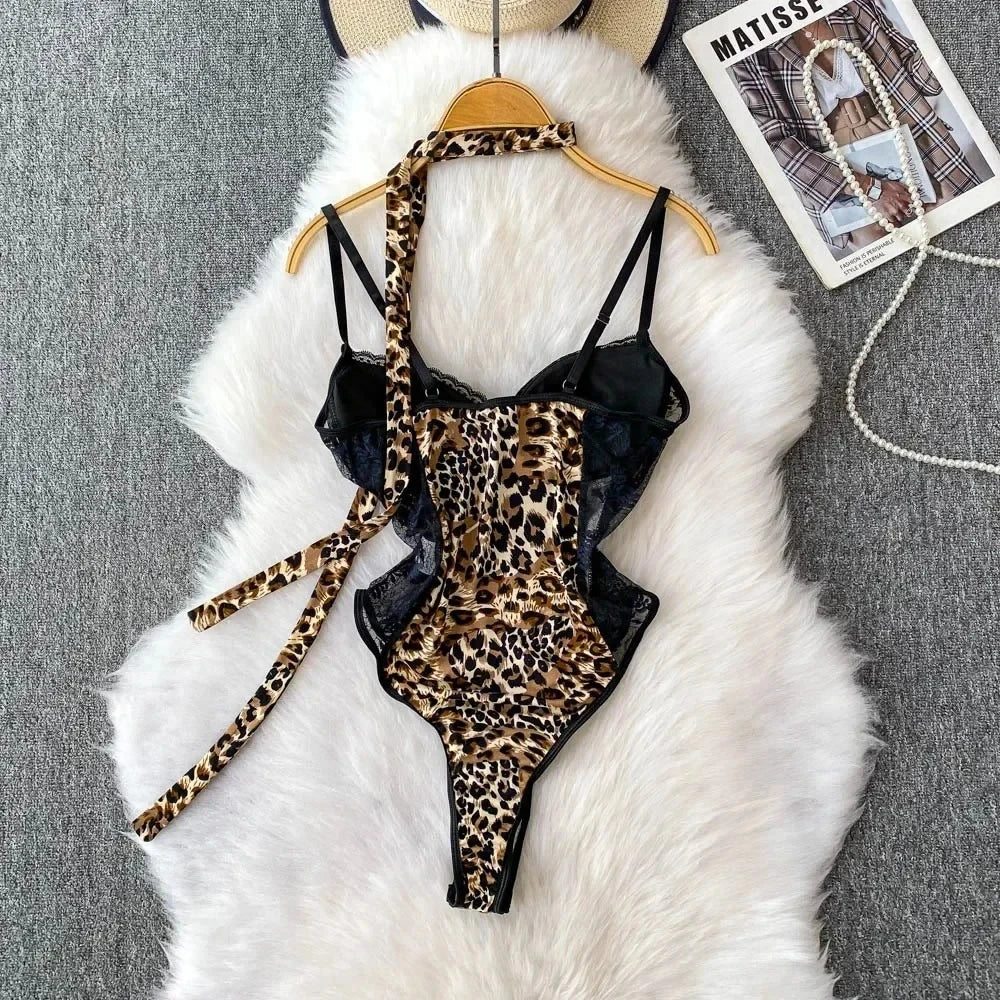 Leopard-Print V-Neck Lace Bodysuit