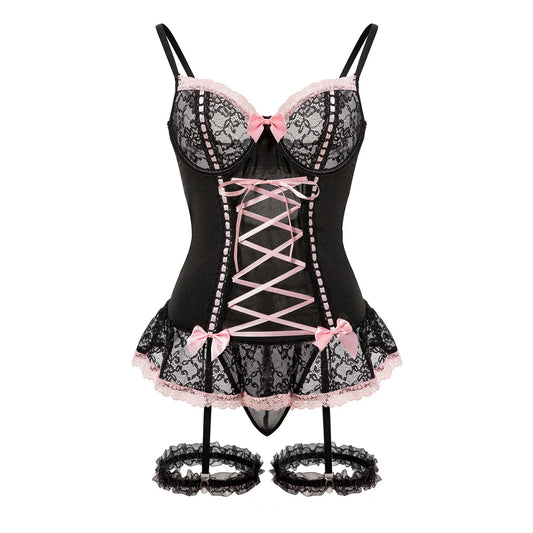 Women Sexy Lace Bow Erotic Set Thin Embroidery Lingerie Top Thong Set Underwear Pornos Suit Sexy Costumes