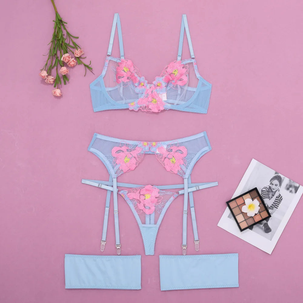 Toucheart Embroidery Mesh Floral Hollow Out Sexy Interesting Underwear Garters Slim Exposed Navel See-through Sexy Underwearset
