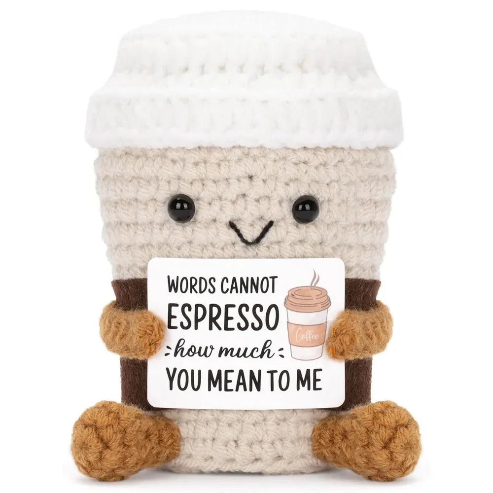 Funny Crochet Emotional Support Coffee Doll With Card Desktop Ornament Handmade Knitted Coffee Dolls Christmas Gifts Home Decor