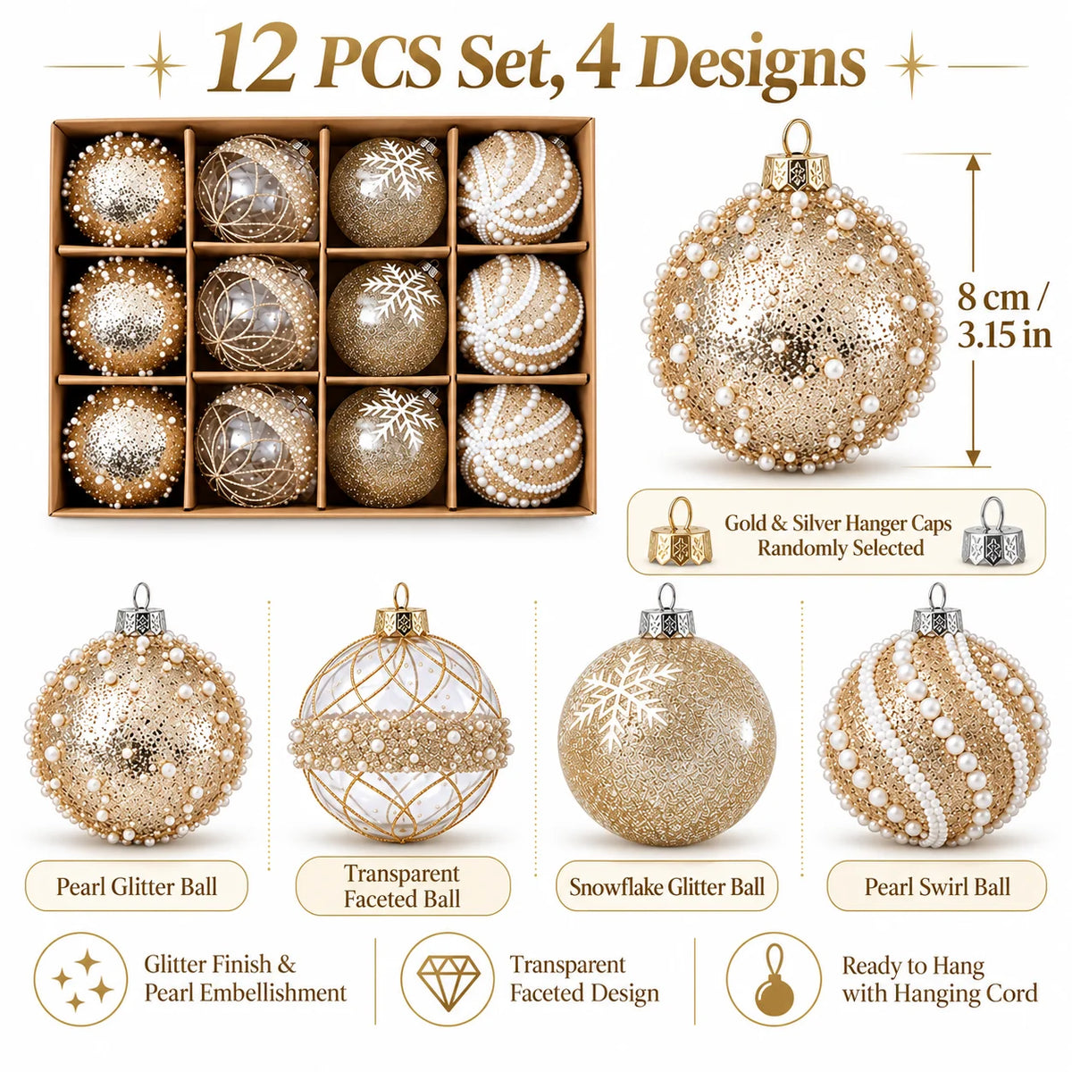 Champagne Gold Christmas Baubles – 12 Pack