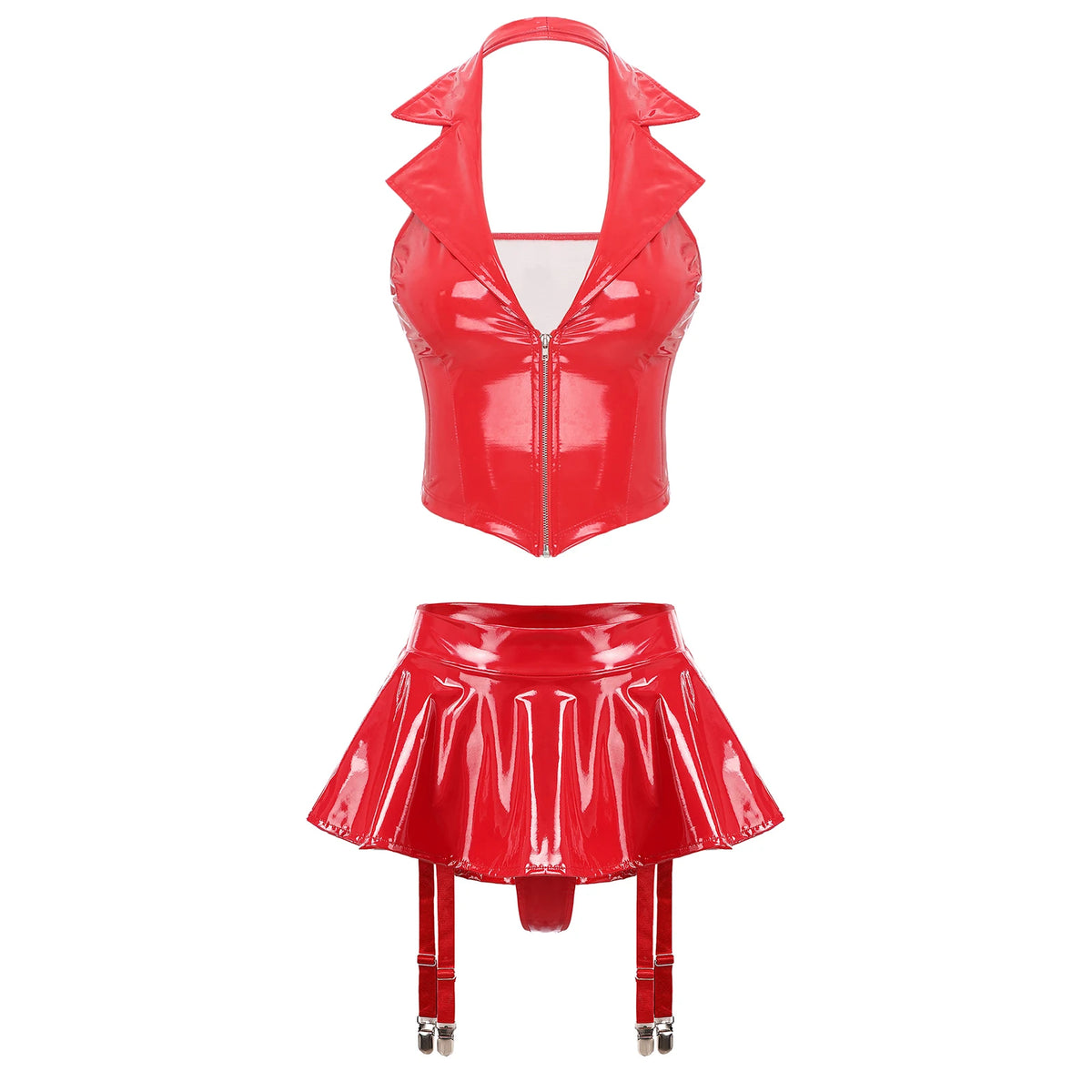 Women's Patent Leather Ruffle Crop Top And Miniskirt Set with Cutout Built-in Thongs And Garter Belt Disco Party Lingerie Outfit