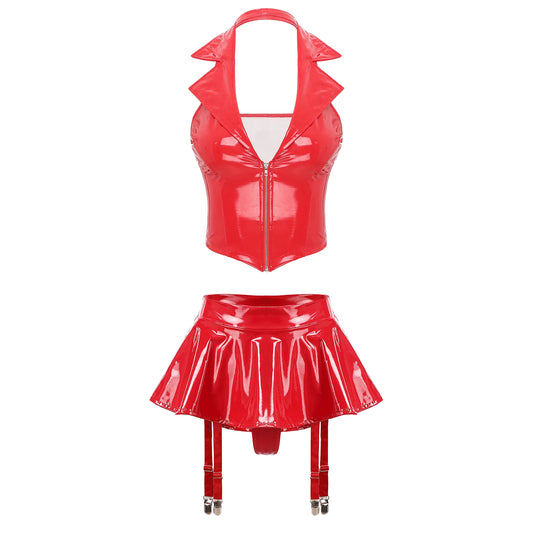 Women's Patent Leather Ruffle Crop Top And Miniskirt Set with Cutout Built-in Thongs And Garter Belt Disco Party Lingerie Outfit