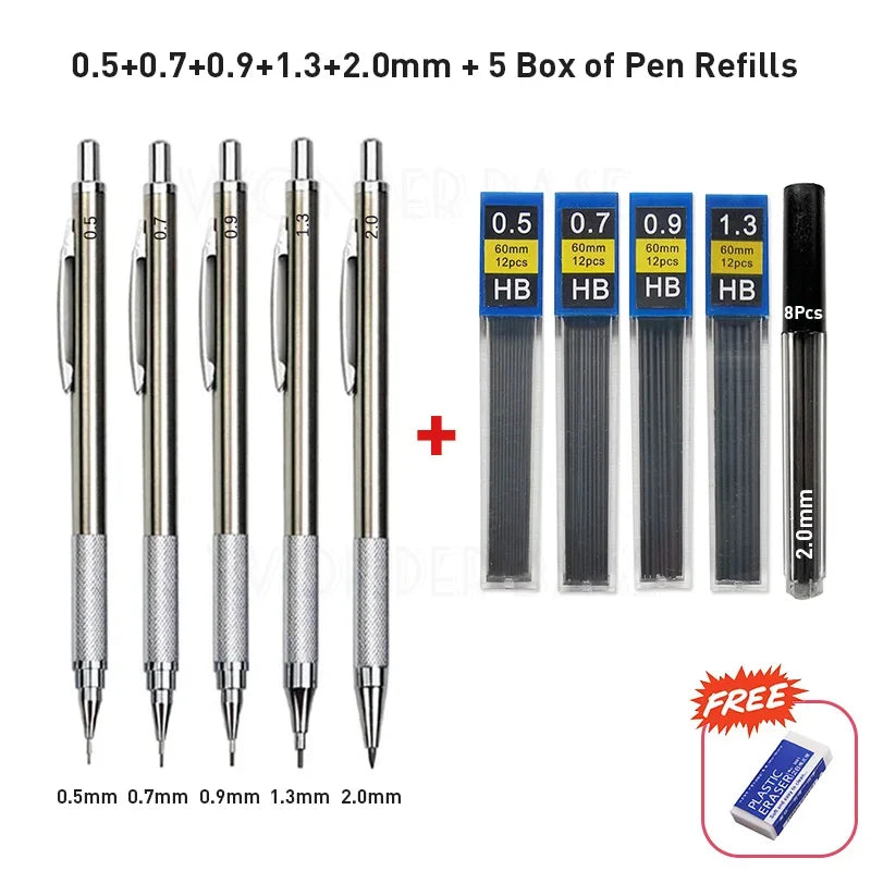 0.3 0.5 0.7 0.9 1.3 2.0 3.0mm Full Metal Mechanical Pencil Sketch Art Drawing Painting Propelling Pencil Office School Supply