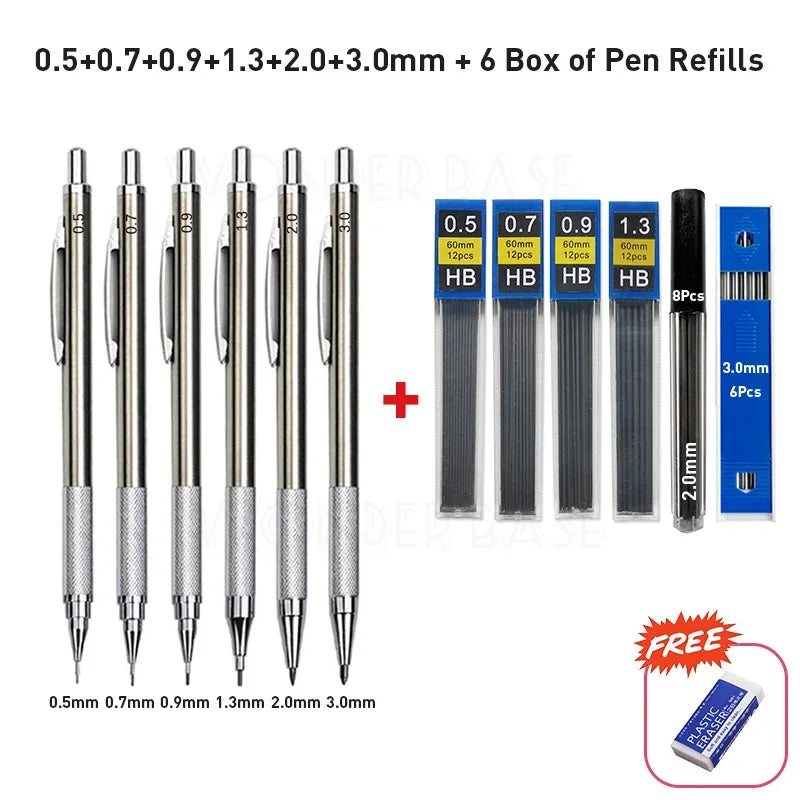 0.3 0.5 0.7 0.9 1.3 2.0 3.0mm Full Metal Mechanical Pencil Sketch Art Drawing Painting Propelling Pencil Office School Supply