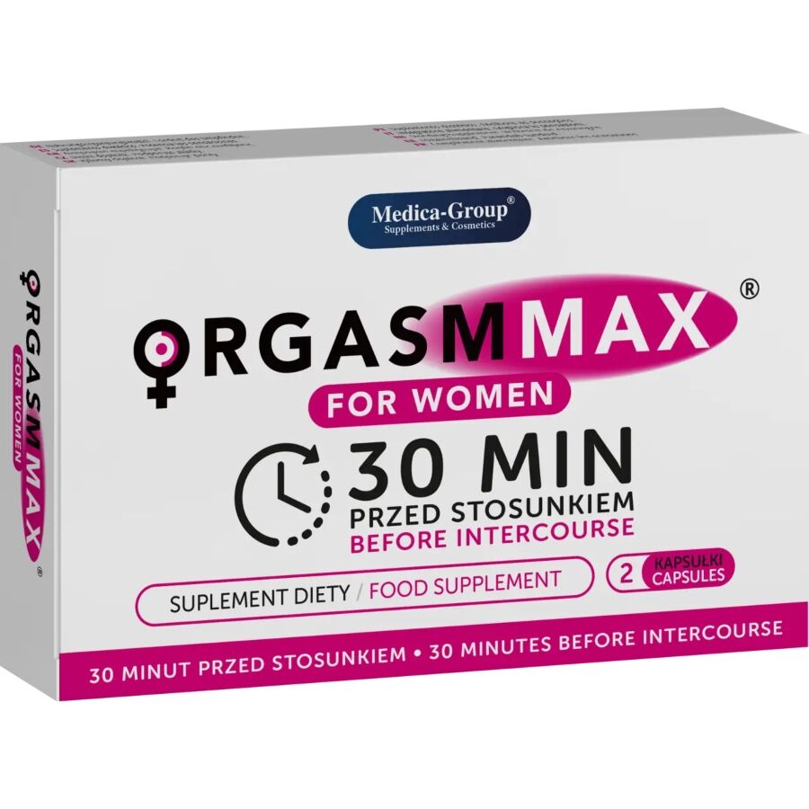 Box of Orgasm Max for Women supplement with Medica Group branding on a white background