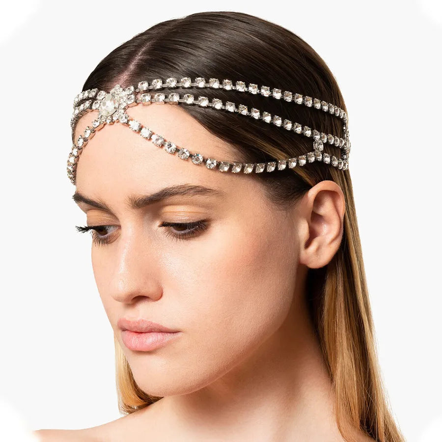 Fashionable Multi-Layer Tassel Rhinestone Hairband Wedding Hair Chain Headwear Alloy Material Stylish Hair Accessory