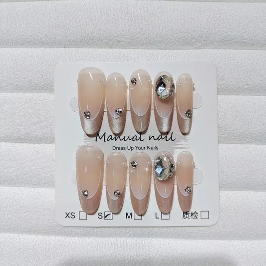 wearable-false-nails-10pcs-s107-halo-flash-diamond-long-round-head-silver-gradient-french-gradient-cat-eye-elegant-sparkling-large-diamond