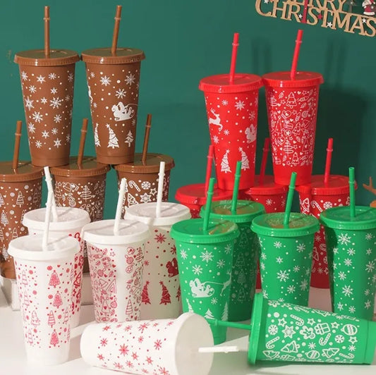 Christmas solid color plastic straw cup 710ml minimalist design