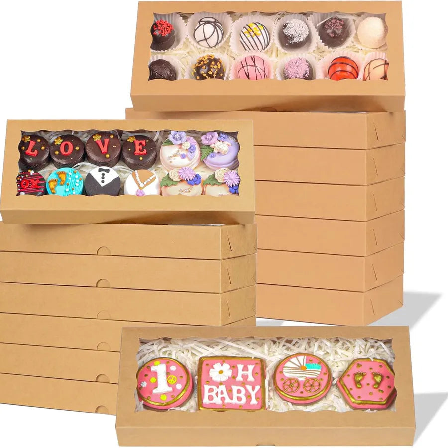 Brown Strawberry Chocolate Packaging Box Window Cake Baking Sweet Dessert Long Bar Box Creative Custom Style Pastry Packaging