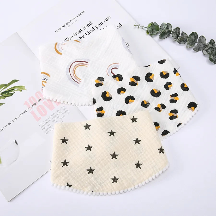 Pure Cotton Muslin Bibs For Babies And Toddlers Absorbent Printed Solid Color Ball Design Saliva Towels Unisex Triangle Scarf