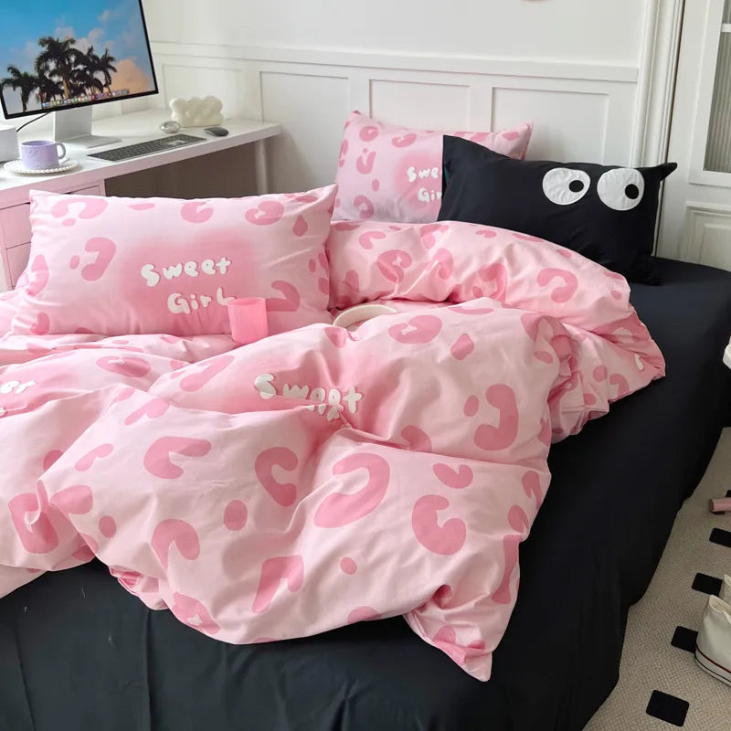 Princess style pure washed cotton quilt cover four-piece set simple style female student dormitory single double bedding set three-piece set