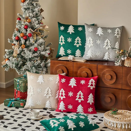 Christmas embroidered pillowcase with cartoon tree patchwork 45x45cm