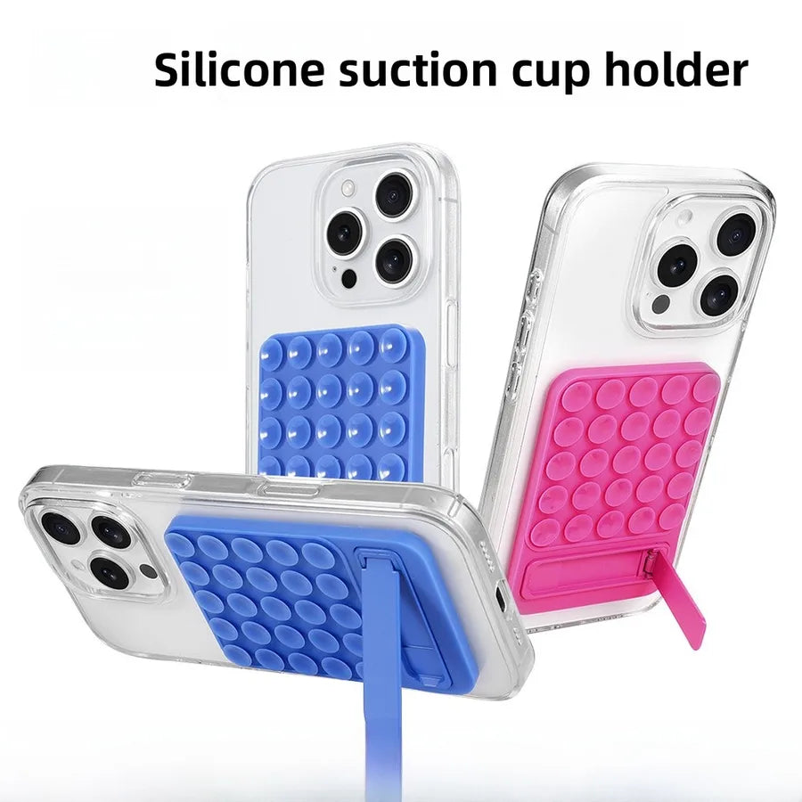 Clear phone cases with colorful silicone suction cup holders attached